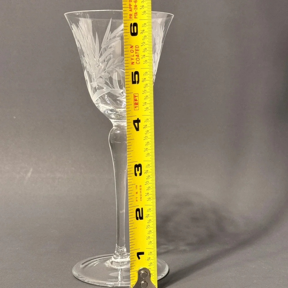 Vintage Etched Crystal Cordial Sherry Glasses Floral Leaf Long Stem Set of 8